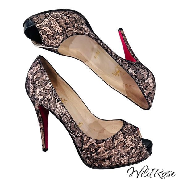 CHRISTIAN LOUBOUTIN Very Prive Nude Satin & Floral Lace Peep Toe Heels SZ 38 - Picture 5 of 17